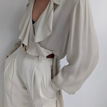 Beautiful Vintage Ruffled Silk Wrap Blouse