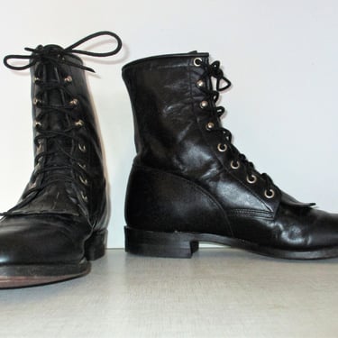 Vintage 1990s Justin Kiltie Lace Up Roper Boots, Size 8B Women, black leather western boots 