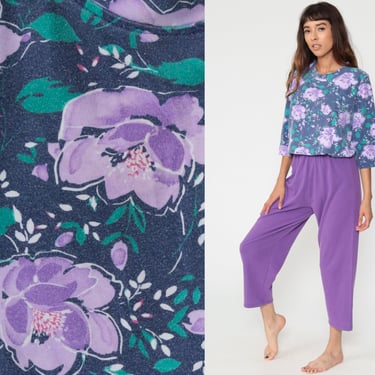 90s Floral Jumpsuit Purple 3/4 Sleeve Pantsuit TAPERED Jumpsuit Pants Cropped Vintage Romper Summer High Waisted Slouch Blouson Small 