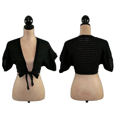 1980s Black Knit Cropped Cardigan Small - Dolman Sweater Short Sleeve Bolero - Sparkly Metallic Tie Front Shrug - 80s Clothes Women Vintage 
