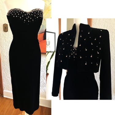 Stunning Vintage 1950's  Black Velvet Beaded Cocktail Party Dress with  Matching Bolero Jacket size  Small 
