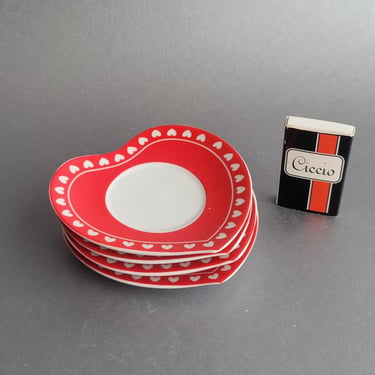 Set of 4 demitasse saucers Heart shape coasters Valentines Day kitchen decor Red dinnerware 