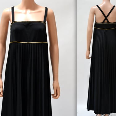 70s Vintage Black Maxi Dress Black And Gold Long Dress Small // Vintage Black Pleated Maxi Dress Long Bridesmaid Evening Gown Trevira 