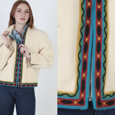 1980s Fuzzy Southwestern Indian Jacket / Vintage 80s Wool Blanket Coat / Ivory Cropped Jacket Size 34 