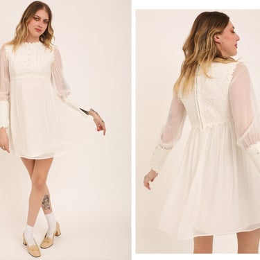 Vintage 1970s 70s White Chiffon Bishop Sleeve Micro Mini Dress w/ Daisy Lace Bodice Short Wedding Dress Engagement Bridal Shower 