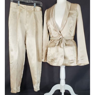 Hoss Intropia Silk Satin Jacket & Pant Business Suit Tan Gold Cruise Wear 38/6 