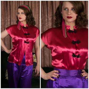 1940s Blouse - Glossy Fuchsia Satin Vintage 40s Hostess Blouse 