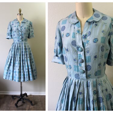 Vintage 50s Dress, Beautiful Blue 1950s Abstract Fine Cotton Asian Novelty Print Silk Day Dress circle skirt // Modern Size US 4 6 Small 