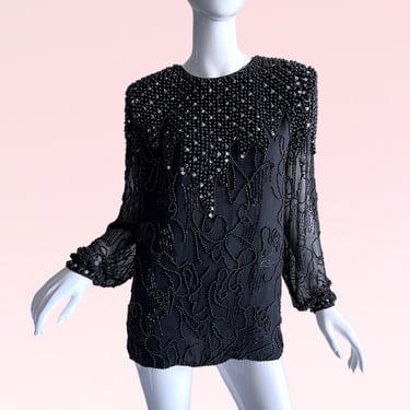 Timeless Elegance: 1980s Vintage Oleg Cassini Black Pearls Beaded Sequins Blouse - A Statement of Sophistication 
