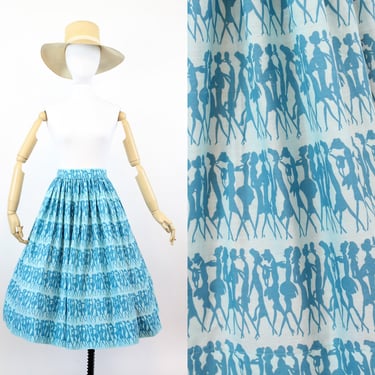 1950s fashion model print skirt | novelty print cotton full skirt | xs 