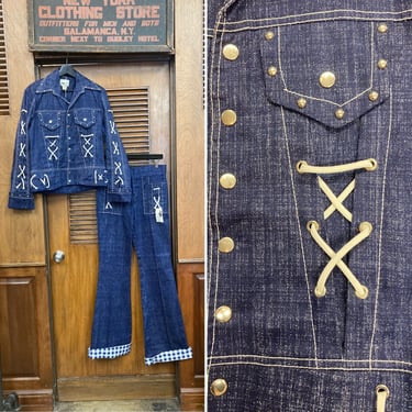 Vintage 1970’s Deadstock Two Piece Denim Jacket & Flare Jeans Set W Lace Criss Detail, Vintage NOS, Pant Suit, Studded Two Piece Set, Denim, 