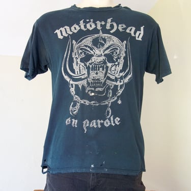 Vintage shredded Motorhead t shirt large medium, super worn in, soft faded black 90s tee, On Parole 1979 album rock & roll 