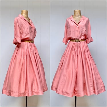 Vintage 1950s Coral Pink Silk Full Skirt Shirtwaist Dress, Short Sleeve Norman Wiatt Mid-Century Frock, Medium 42