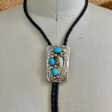 WILBUR MYERS Navajo Turquoise Sterling Silver Bolo Tie w/ Leather Cord | SS Bolo | Native American Navajo Made Jewelry, Southwestern 