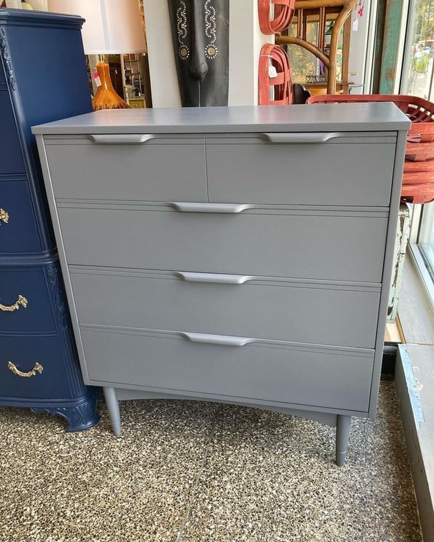 Gray painted 4 drawer chest. 38” x 18” x 43.25”