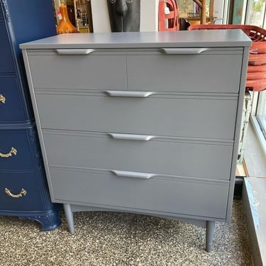 Gray painted 4 drawer chest. 38” x 18” x 43.25”