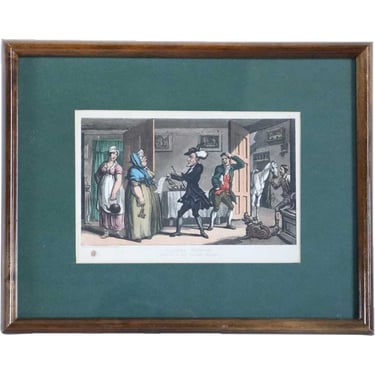 1812 Antique THOMAS ROWLANDSON Colored Etching and Aquatint, Dr. Syntax Disputing his Bill with the Landlady Matted and Framed Art Vintage 