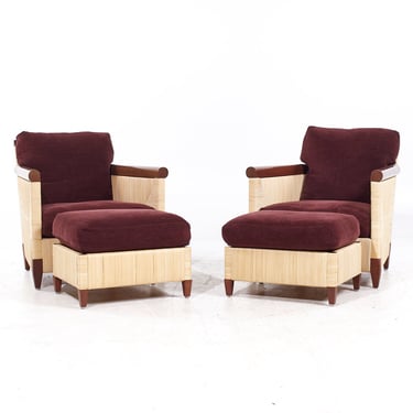 John Hutton for Donghia Merbau Collection Mid Century Mahogany and Rattan Club Chairs with Ottomans - Pair - mcm 