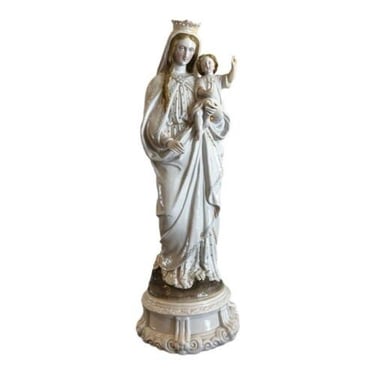 Antique Old Paris Porcelain Figurine of Our Lady of Mt. Carmel & Christ Child 