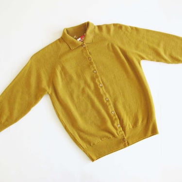 Vintage 60s Womens Cardigan S - 1960s Mustard Yellow Wool Cardigan Sweater - 60s Rockabilly Pin Up Clothing - Crewneck Cardigan 