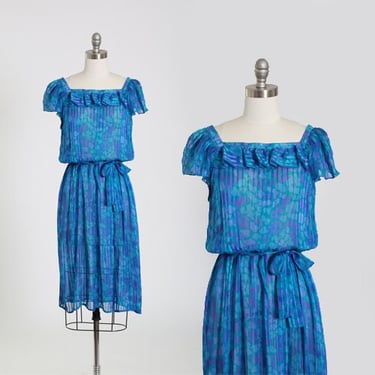 Vintage 80s blue abstract semi sheer silk dress 