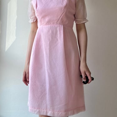 Original 60s Mon Cherie Mini Dress Milkmaid Swiss Polka Mesh Overlay Pink XS/S 