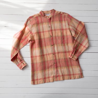 plaid linen shirt | 90s y2k vintage peach orange linen Mandarin collar cute cottagecore button down blouse 