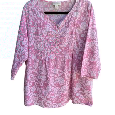 Appleseeds Womens Pink Floral Cotton Blouse 3/4 Sleeve Button Pintucked Blouse L