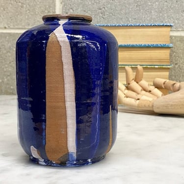 Vintage Bud Vase Retro 1980s Contemporary + Ceramic + Blue + Black + Brown + Handmade + Modern Home Decor + Flower Display + 
