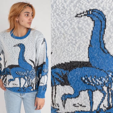 80s Bird Sweater Flamingo Knit Pullover Sweater Jacquard Retro Blue Crewneck Jumper Statement Vintage 1980s Ostrich Extra Large xl 