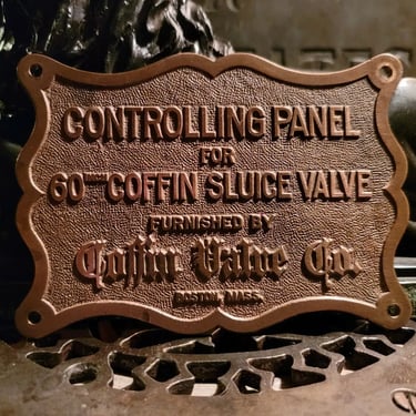 Industrial Coffin Valve Company Boston Ma Controlling Panel Antique Brass Plaque