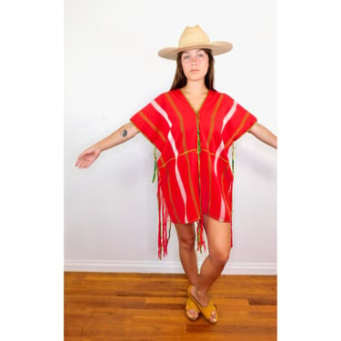 Woven Dress // vintage sun Mexican red 70s boho hippie cotton hippy mini sleeveless // O/S 