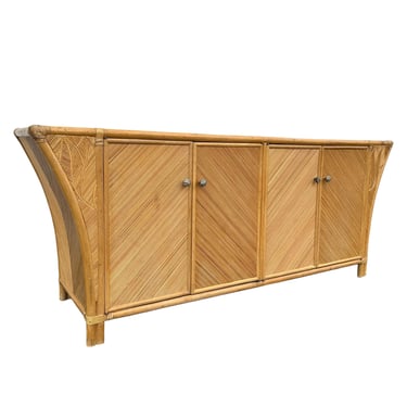 Bamboo Sideboard with Sculptural Winged Sides and Geometric Split Reed Details 72” Long - Vintage Coastal Rattan Wood Credenza 