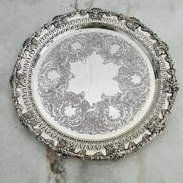 Vintage Birks Silver Tray Rideau Plate 12" embossed grape and floral pattern pierced rim baroque elegant butler tray or drinks tray gift 