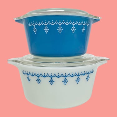 Vintage Pyrex Casserole Set Retro 1970s Mid Century Modern + Snowflake Blue + 473/474-B + Blue/White + With Lids + Ceramic + Kitchen Storage 