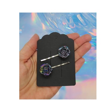 Iridescent Flower Hair Clip Set - Dark Rainbow Goth Barrettes - Gothic Rose Clips 