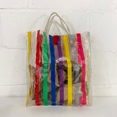 Vintage Rainbow Tote Bag Striped Plastic Boho Shopping Market Beach Purse Colorful Fashion Dopamine Decor 1980s 1970s 