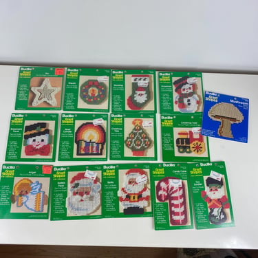 Vintage Bucilla Great Shapes Christmas Precut Canvas Shapes, Lot of 13 shapes, 1982 - 1983 Designs, Santa, Snowman, Angel, Toy Soldier, Star 