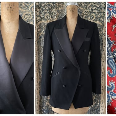 Vintage ‘80s ‘90s ladies tuxedo jacket, wide black satin lapels & red paisley lining, S 