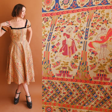 Vintage 50s PINUP Print Cotton Dress/ 1950s Square Neck Novelty Girlie Print Full Skirt/ Size Medium 