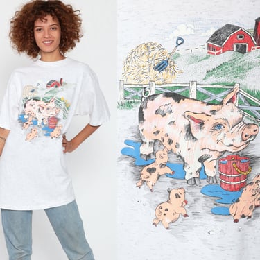 Farm Pig Tshirt Graphic Tee Shirt Vintage 90s Tshirt Kawaii Cute Animal Retro T Shirt 1990s Medium Large 