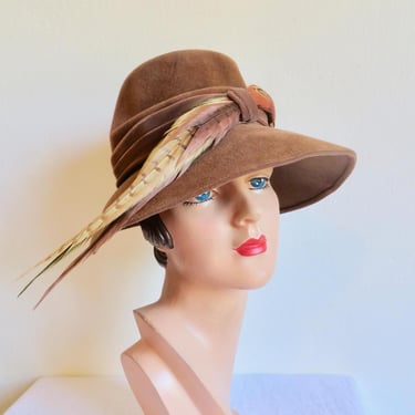 1940's 50's Chestnut Brown Wool Felt Large Women's Fedora Style Hat Pheasant Feather Trim 40's Fall Winter Millinery 