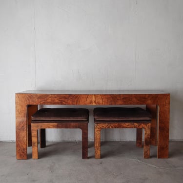 Mid Century Burl Console Table & Ottomans by Milo Baughman 