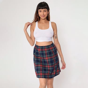Vintage Plaid Mini Skirt 80s Navy Blue Red Straight Retro High Elastic Waist Checkered Print Pencil Skirt Preppy Miniskirt 1980s Medium 
