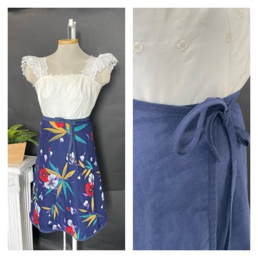 Vintage 1970s 70s Wrap Skirt Tropical Navy Blue Luau Hawaiian 