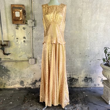 Vintage 1930s Gold Satin Sleeveless Dress Maxi Low Back Back Train Bias Cut Leaf