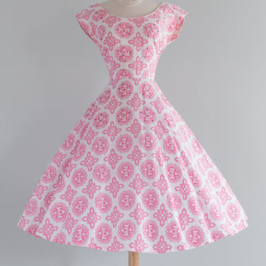 Charming 1950's Jerry Gilden Cotton Day Dress with Pockets / Medium