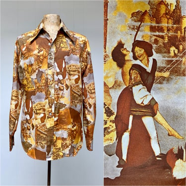 Vintage 1970s Photo Collage Novelty Print Shirt, 70s Long Sleeve Polyester Maxfield Parrish Illustrations, X-Large 48