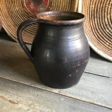 19th C Pottery Jug, Pitcher, Olive Jar, Redware Slip, Terra Cotta, Vase, Rustic European Farmhouse, Farm Table 