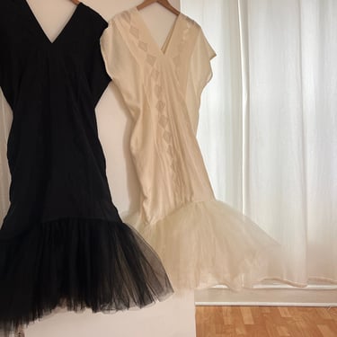 Black Artisanal Geometric Cotton and Tulle Dress 
